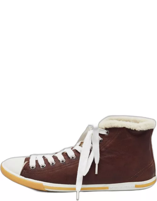 Prada Brown/White Nubuck Leather and Shearling Fur Lace Up Sneaker