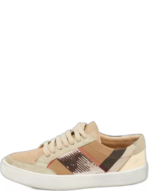 Burberry Beige/Rose Gold House Check Canvas and Suede Salmond Sequins Low Top Sneaker