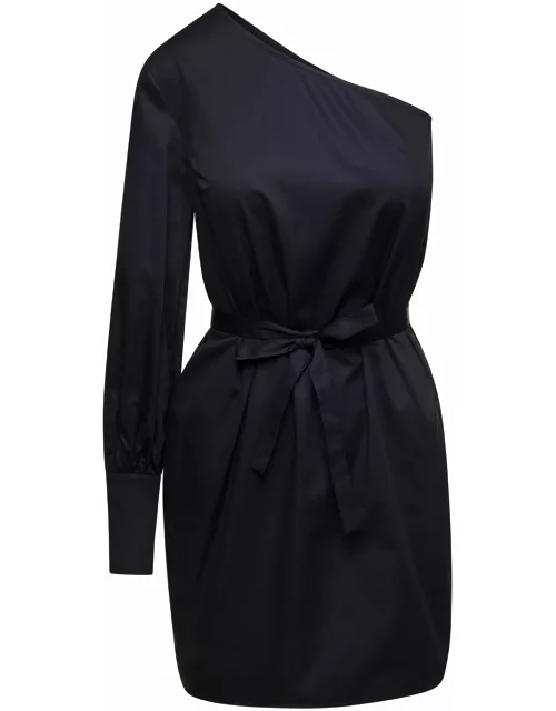 Douuod Mini Black One-shoulder Dress With Waist Belt In Cotton Woman