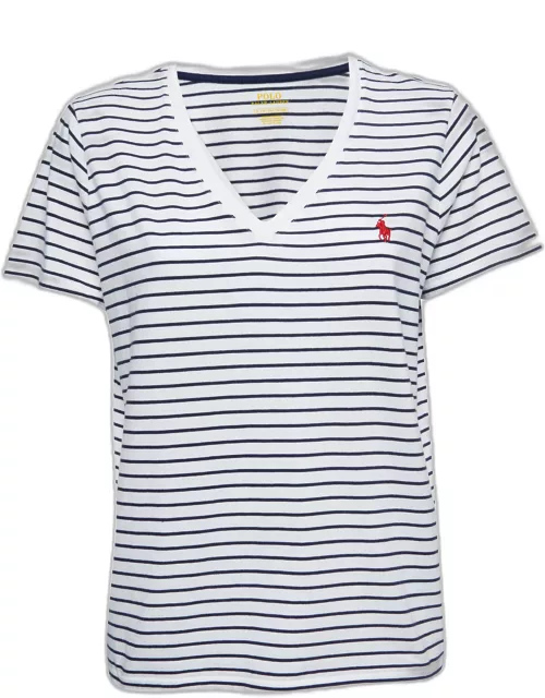 Polo Ralph Lauren White & Navy Striped Cotton V-Neck T-Shirt