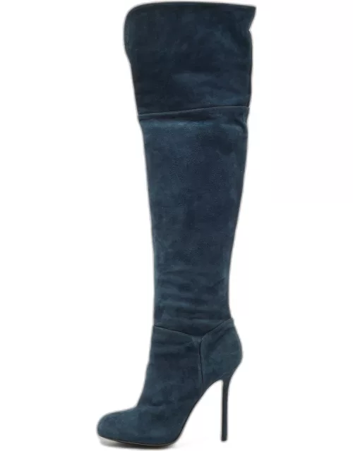 Sergio Rossi Blue Suede Knee Length Boot