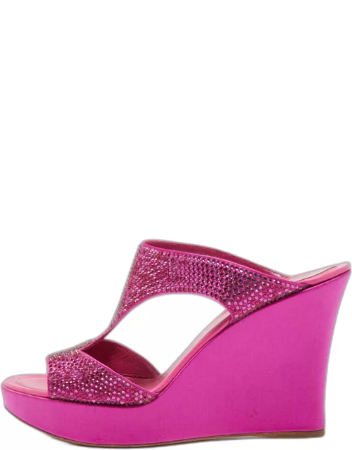 René Caovilla Pink Satin Crystal Embellished Wedge Slide Sandal