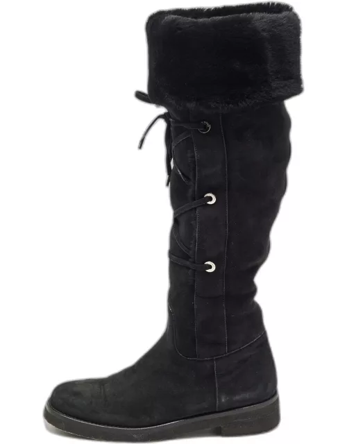 Loro Piana Black Suede and Fur Knee Length Flat Boot