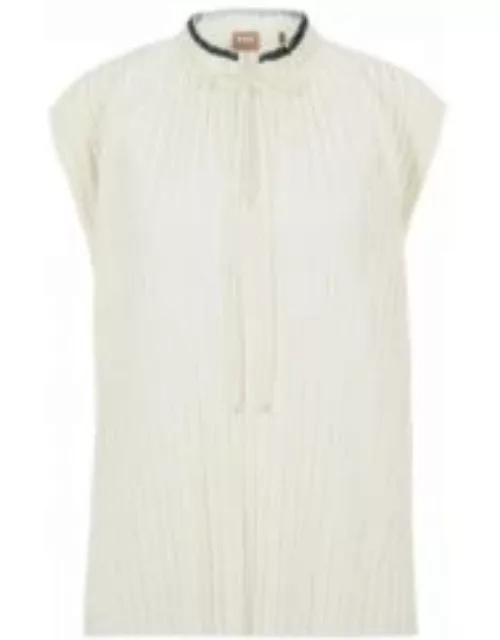 Pliss jersey top with tie neckline- White Women's Casual Top