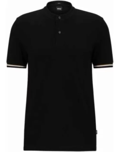 Collarless slim-fit polo shirt in cotton piqu- Black Men's Polo Shirt