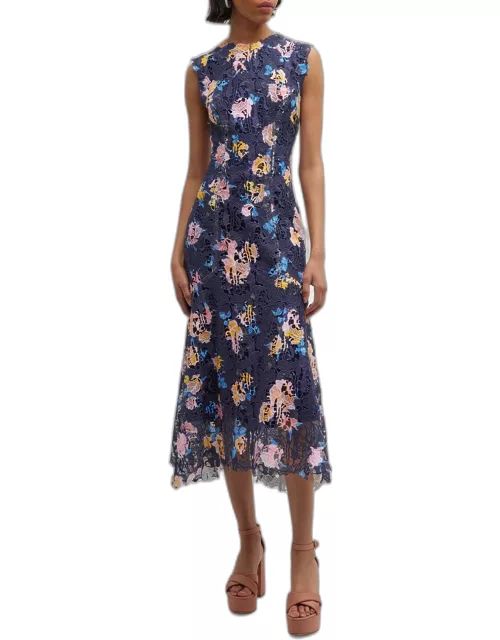 Floral-Printed Lace Sleeveless Midi Dres