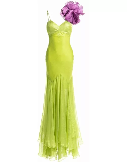 Zahra green silk long dress with applied flower