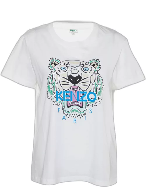 Kenzo White Tiger Print Cotton Crew Neck T-Shirt