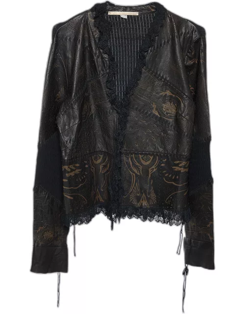 Class by Roberto Cavalli Brown Leather & Knit Ruffled Jacket
