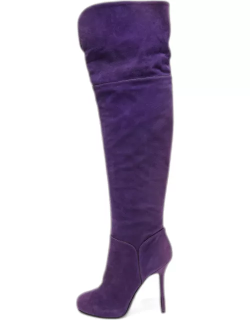 Sergio Rossi Purple Suede Zip Detail Knee Length Boot