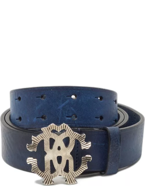 Roberto Cavalli Blue Leather Logo Buckle Belt 105 C