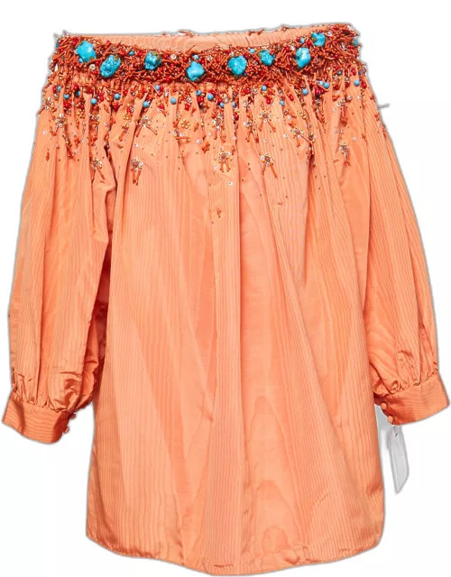 Christian Dior Orange Silk Embellished Off Shoulder Top