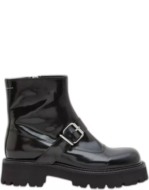 Patent Buckle Biker Ankle Boot