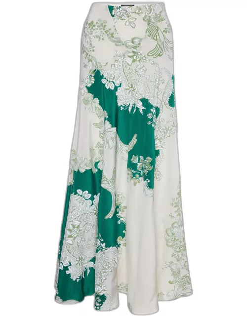 Roberto Cavalli Cream & Green Floral Print Silk Maxi Skirt
