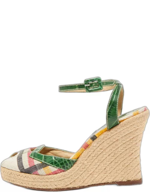 Burberry Multicolor Canvas and Croc Embossed Leather Wedge Sandal