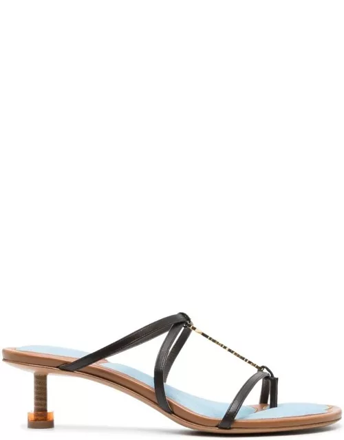 Jacquemus les Sandales Pralu Plates Black Sandals With Stacked Heel And Logo Charm In Leather Woman