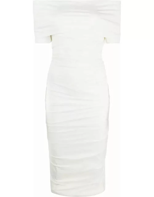 White midi dress with ruffle and open shoulder