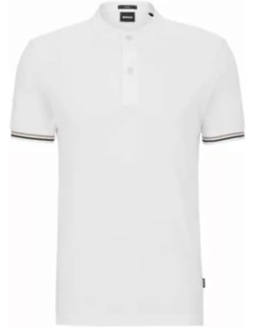 Collarless slim-fit polo shirt in cotton piqu- White Men's Polo Shirt