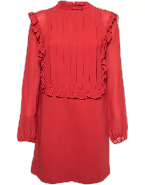 Giamba Red Crepe Pleated Ruffle Detail Shift Dress