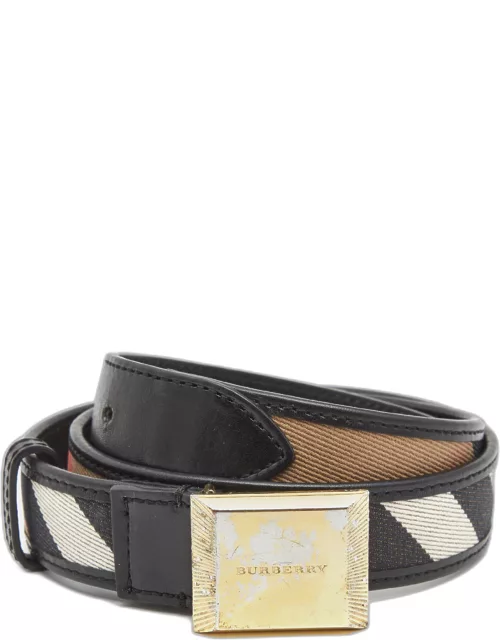 Burberry Black/Beige Housecheck Canvas and Leather Square Logo Buckle Belt 85C