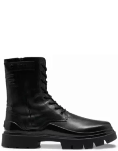 Leather lace-up boots with branded strap- Black Men's Boot