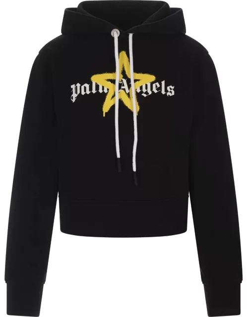 Palm Angels Black Hoodie With Logo And Yellow Star