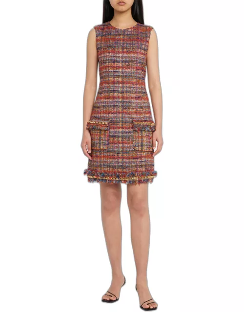 Tweed Frayed-Trim Mini Dress with Chain Detai