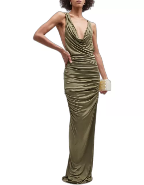 Ina Metallic Ruched Cowl-Neck Maxi Dres