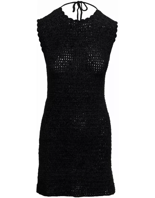 Ganni Mini Black Backless Dress With Logo Embroidery In Crochet Woman