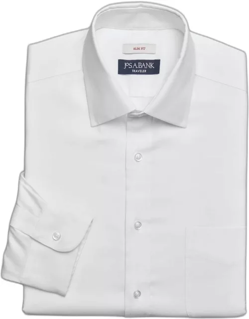 JoS. A. Bank Big & Tall Men's Traveler Collection Slim Fit Spread Collar Solid Dress Shirt , White, 17 1/2
