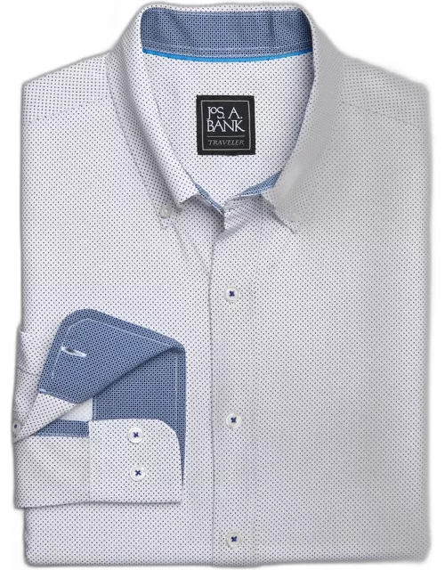 JoS. A. Bank Big & Tall Men's Traveler Performance 4 Way Stretch Long Sleeve Casual Shirt , White/Navy, 2 X Tal
