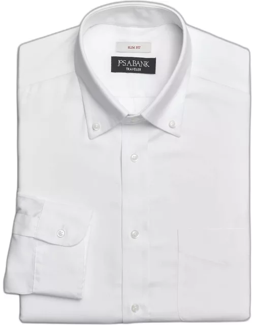 JoS. A. Bank Men's Traveler Collection Slim Fit Button-Down Collar Solid Dress Shirt, White, 14 1/2