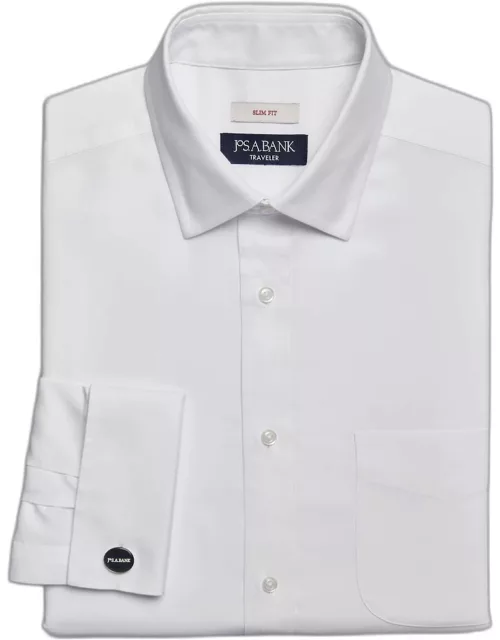JoS. A. Bank Men's Traveler Collection Slim Fit Spread Collar French Cuff Dress Shirt, White, 16 1/2