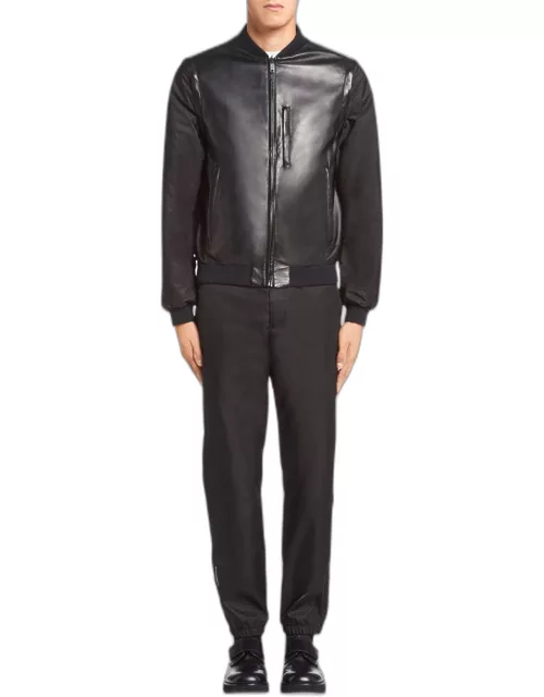 Men's Reversible Leather/Nylon Bomber Jacket w/ Removable Sleeve