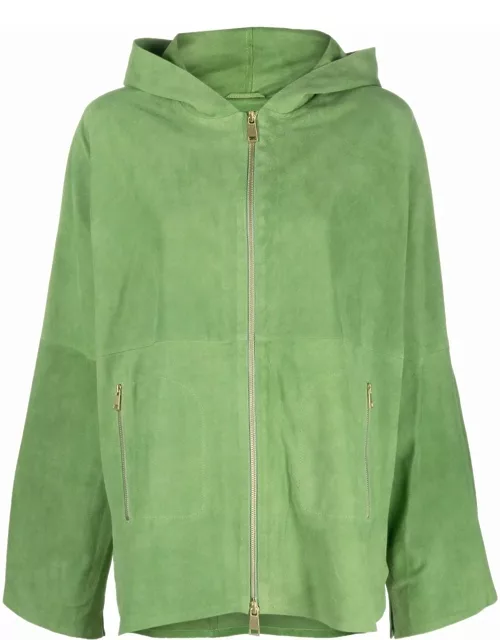 Green leather jacket with zip and hood