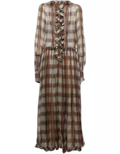 D & G Grey Checked Chiffon Silk Ruffled Tiered Maxi Dress