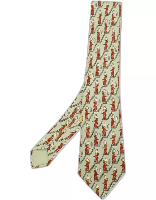 Hermes Green Woman Jug Bearer Print Silk Tie