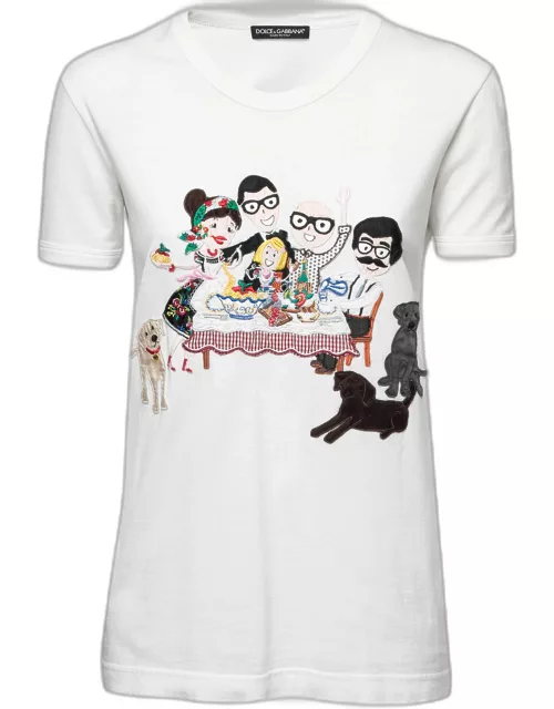 Dolce & Gabbana White Cotton Family Patched T-Shirt