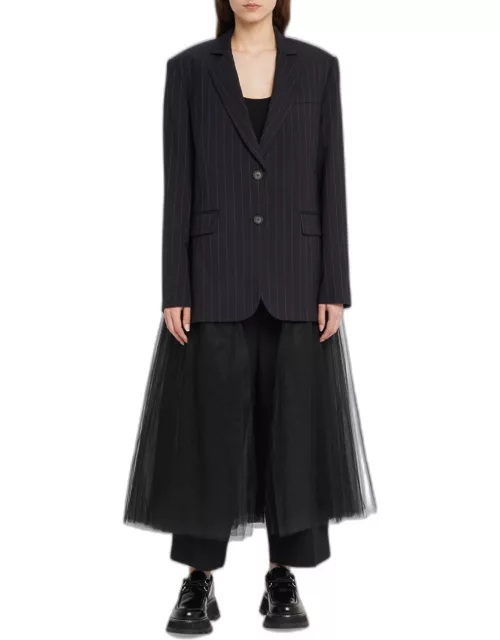 Pinstripe Wool Blazer with Long Tulle Back