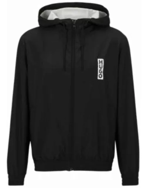 Water-repellent hooded jacket with vertical logo- Black Men's Casual Jacket
