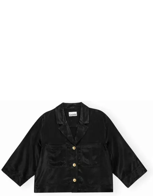 GANNI Short Sleeve Washed Satin Crop Shirt in Black