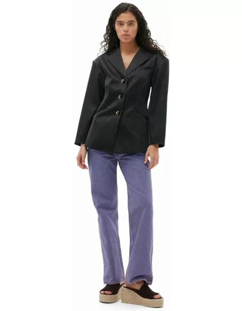 GANNI Long Sleeve Double Satin Fitted Blazer in Black
