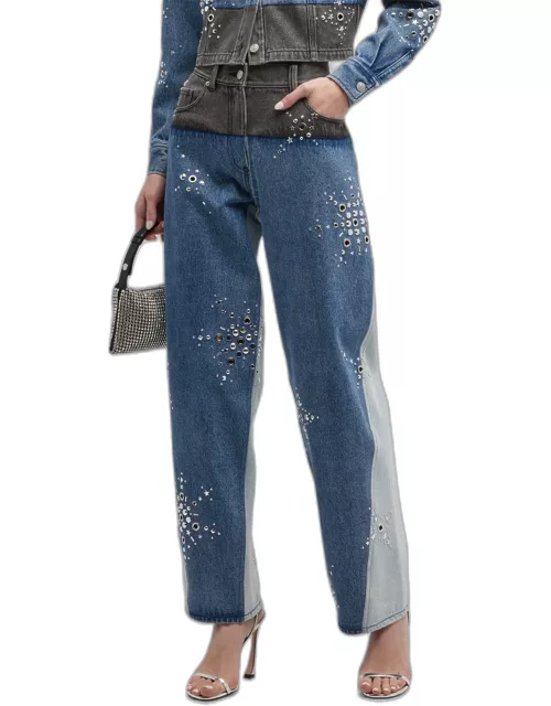 Liberty Embroidered Two-Tone Slouchy Jean