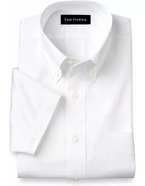 Pure Cotton Pinpoint Solid Color Button Down Collar Short Sleeve Dress Shirt