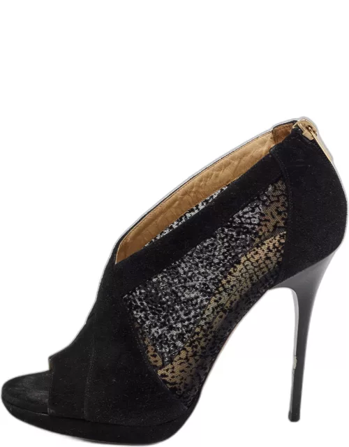 Jimmy Choo Black Mesh and Suede Open Toe Ankle Boot