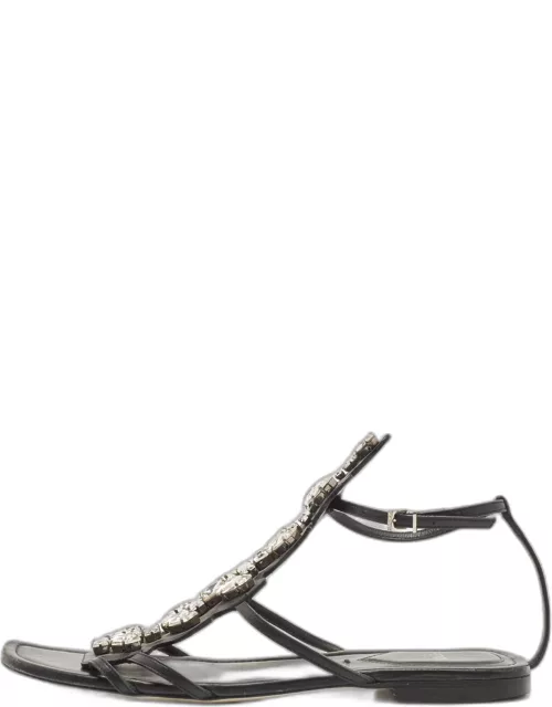 Fendi Black Leather Crystal Embellished Strappy Ankle Strap Flat Sandal