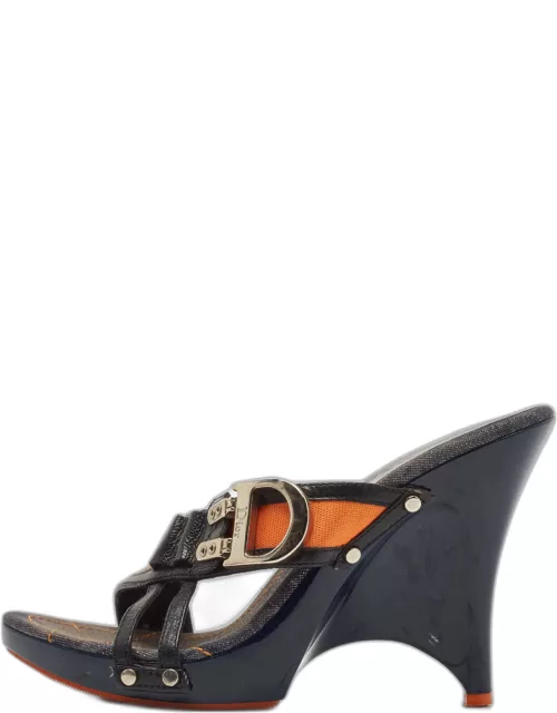 Dior Navy Blue/Orange Canvas and Leather Wedge Sandal