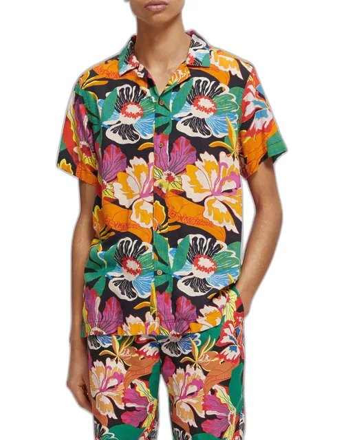 Men's Floral Linen-Blend Camp Shirt