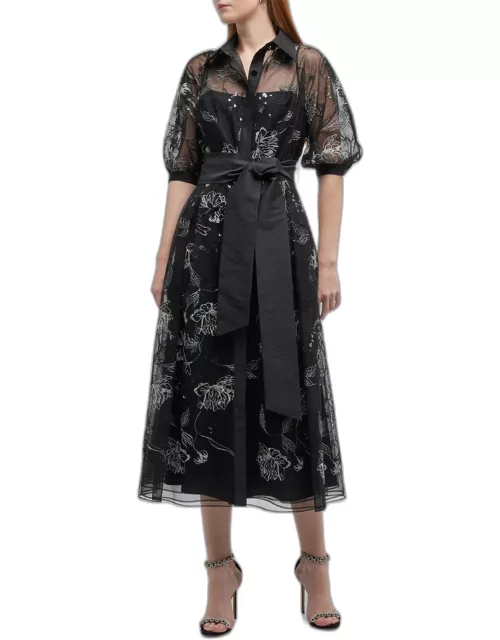 Embroidered Puff-Sleeve Tulle Midi Dres