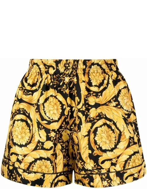 Versace Shorts With All-over Barocco Print In Black Silk Woman